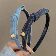2/1pc Vintage Denim Bow Headband, Thin Edge Toothed Non-Slip Face Wash Headband, Suitable For Girls And Children Daily Commute, Work, School Wear - Multicolor - View 4