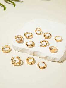 imoli 12pcs/Set Vintage INS Baroque Faux Pearl Stackable Asymmetrical Geometric Line Metal Ring Set, Knuckle Rings, Multi-Layer Finger Rings, Suitable For Women's Daily Wear, Party Jewelry Gift - 29459-ring-g-eP - View 7