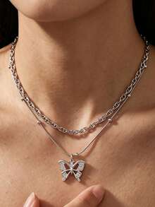 2/1 Pc Fall Decor Layered Butterfly Pendant Necklace Set Double Chain Inlaid Rhinestone Clavicle Necklaces Women Fall Style Jewelry Women - Silver - View 6