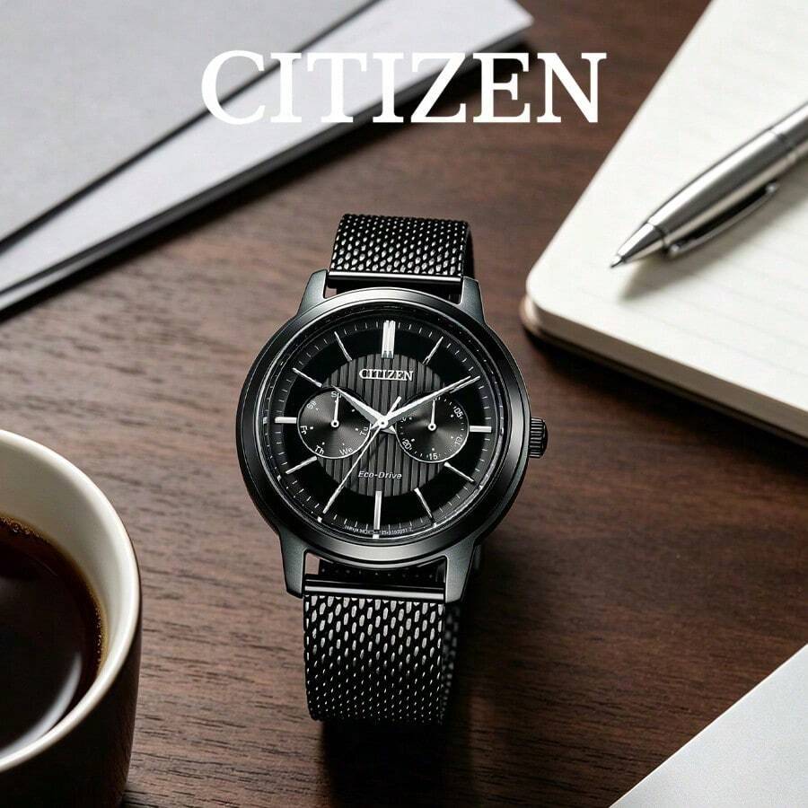 CITIZEN 男士 -Drive 多功能腕錶 啞光黑錶殼 副盤計時碼錶佈局 透氣黑色網狀錶帶 極簡都市風男士手錶 - 黑色 - 查看 1