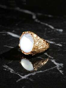 SEEKGLEE Round White Gemstone With Gold Metal Geometric Ring, Suitable For Women's Daily Wear, Ring Accessory, Holiday Gift - Gold Ring - View 5