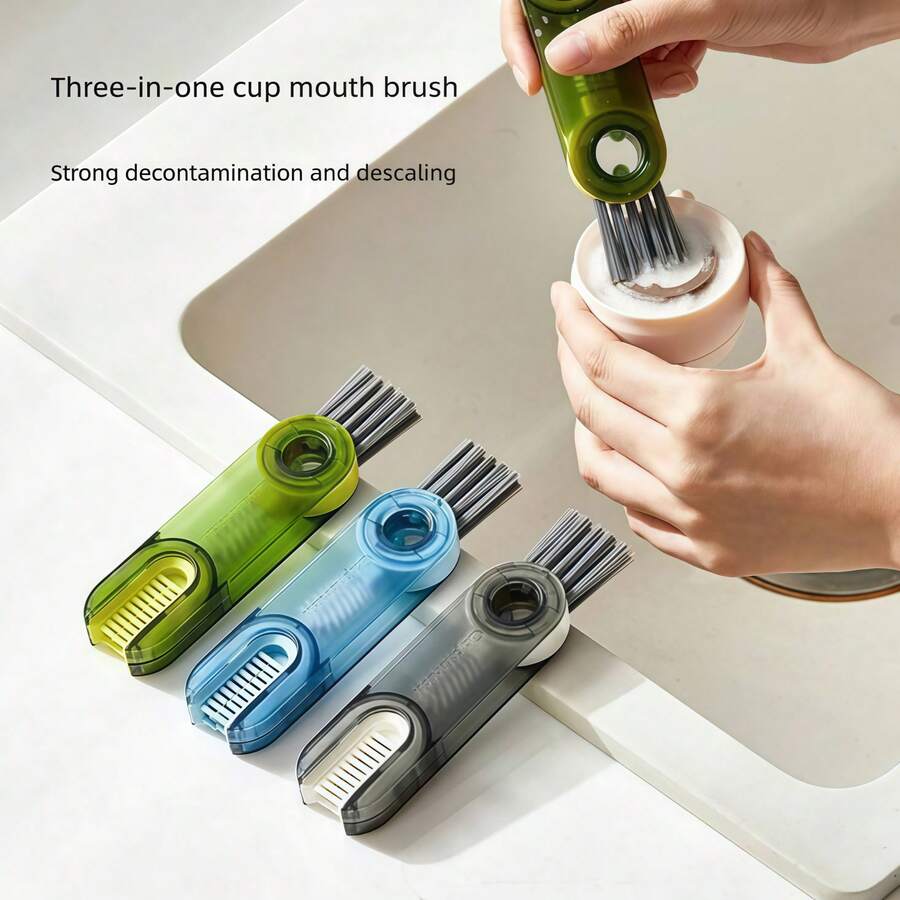 1 buah Sikat Multifungsi 3-in-1 untuk Cangkir & Botol Dapur - Sikat Pembersih Tutup Cangkir Mini dengan Fungsi Pembersih Alur - Hijau, Abu-abu, dan Biru - Praktis dan Nyaman, Cocok untuk Dapur, Kamar Mandi, Rumah, dan Perlengkapan Rumah Tangga - MultiWarna - View 1