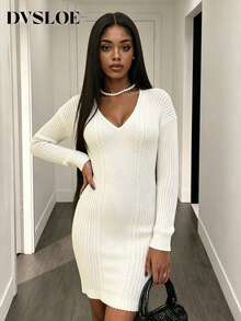 DVSLOE Women's V-Neck Cable Knit Sweater Dress, Long Sleeve Ribbed Slim Fit Bodycon Mini Dress, Fitted Party Knitwear - White - View 7