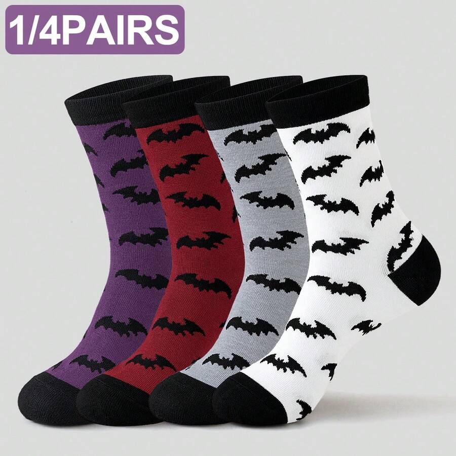 1/5 Pairs Black White Red Gray Halloween Men Women Couple Contrast Color Bat Pattern Mid-Calf Socks - Multicolor - View 1