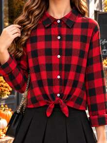 Young Girl Casual Holiday Style Red & Black Plaid Tie Front Long Sleeve Shirt - Red and Black - View 1