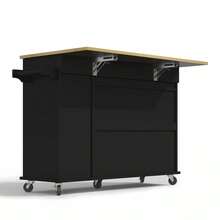 Kitchen Island With Drop Leaf, Storage Trolley With 3-Tier Pull-Out Cabinet Organizer, Internal Storage Rack, Rolling Cart With Towel Holder & 2 Drawers Dining Room, Black - Black+Natural + MDF - View 8