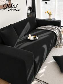 1pc Solid Color Milk Silk Stretch Sofa Cover + 1pc Matching Pillow Cover Without Filler, Suitable For All Seasons - Black - View 2