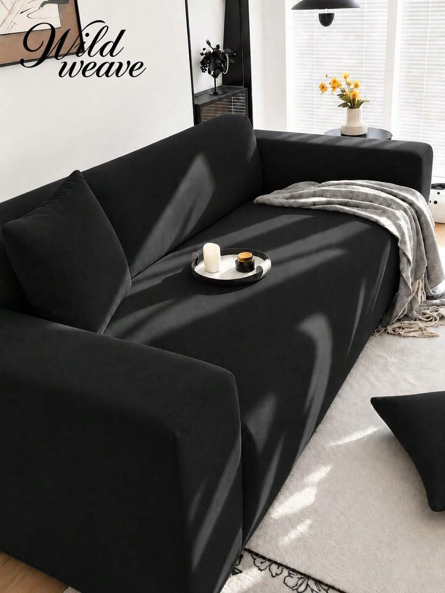 1pc Solid Color Milk Silk Stretch Sofa Cover + 1pc Matching Pillow Cover Without Filler, Suitable For All Seasons
