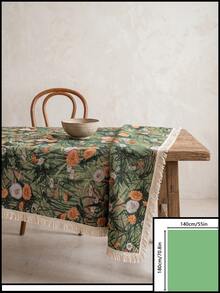 1pc Green Background Vintage Autumn Dandelion Jacquard Tablecloth, Natural Rustic Style Jacquard Fabric Square Beige Tassel Edge Detail Stain-Resistant Protective Desktop Functional Home Dining Table Cloth Suitable For Daily Home Use And Natural Table Setting Scenes - Green - View 21