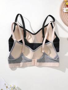 2pcs/Set Girls Wireless Bra, Knitted Jacquard Contrast Trim, Adjustable Spaghetti Strap, Back Hook Closure, Removable Pads, Comfortable Student Daily Bra - Multicolor - View 3