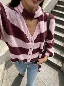 Plus Size Pink Purple Wide Stripe Button V-Neck Knit Cardigan Lantern Long Sleeve With Scarf Loose Fit Sweater - Pink - View 4