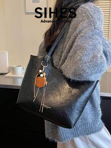 1pc Solid Color PU Leather New Women's Bag, Shoulder Bag, Fashion Versatile Handbag, Tote Bag, Dual Handles, Zipper Closure, Suitable For Commuting, Shopping, Dating, - Black - View 2