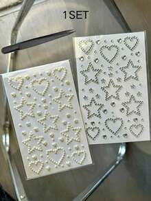 1pc/1set Pearl & Rhinestone Combination Decorative Stickers, Comes With Exclusive Tweezers, Heart & Star Shapes, 3D Embossed Texture, Self-Adhesive Backing, Decoration Patches For Phone, Earphones, Laptop, - Heart and Star - View 11
