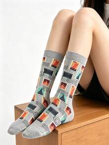 1 Pair Gray Postage Stamp Pattern Mid-Calf Women's Socks, Vintage Postmark Style Socks, Elastic Ribbed Cuff Breathable Socks For Daily Wear - Multicolor - View 1