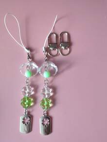 1/2/3pcs(Set Optional) Cute Lucky Four Leaf Clover Wind Chime Keychain Green Crystal Beaded Phone Charm Bag Pendant Aesthetic Handmade Decorative Accessory Halloween Christmas Gift - Multicolor - View 11