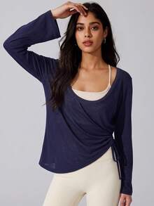 VUTRU Women's Loose Long Sleeve Sports T-Shirt Cover-Up, Lightweight U-Neck Drawstring Top For Pilates And Ballet - Navy Blue - View 4