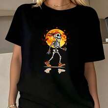 Contemporary Chic Style Cotton Short Sleeve T-Shirt, Fun Skeleton Graphic, Weekend & Party Wear, Summer Women Basic Tee - Black - View 9