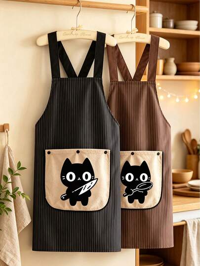 Kitchen Apron With Detachable Hand Towel, Cute Black Cat Holding Kitchen Utensils And Tableware Pattern (Spoon, Fork, Spatula, Chopsticks), Multi-Pocket Apron, Striped Apron, Cross Strap Design, Easy To Put On And Take Off, Easy To Clean, Fashion Apron, One-Piece Apron, Suitable For Cafe, Restaurant Kitchen, Garden, Laundry Room And As Fashionable Workwear, Unisex Cooking Apron, Ideal For Home Cooking And Family Activities