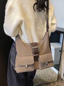 Fashionable Artificial Leather Retro Large Capacity Shoulder Bag, Multi Pocket Niche Design Contrasting Color Crossbody Bag, Suitable For Commuting. - Coffee - View 6