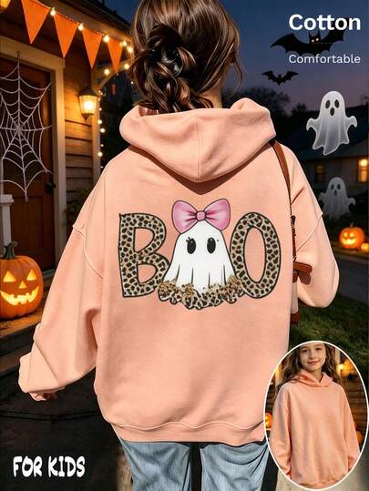 Halloween Girls' Thin Hoodie With Leopard Print BOO & Pink Bow Ghost, Long Sleeve Cotton Pullover With Large Back Graphic