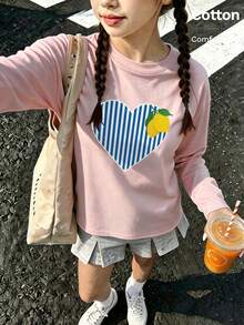 Autumn Girls Long Sleeve T-Shirt With Blue And White Striped Heart And Yellow Lemon Print, White Base Round Neck Y2K - Baby Pink - View 2