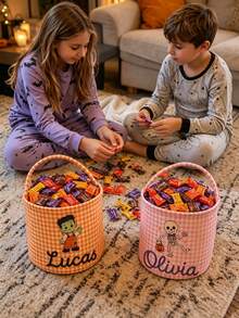 Personalized Plaid Halloween Basket, Customized Halloween Trick Or Treat Bag - Multicolor - View 4