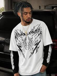 Krometka Men's Dark Thorn Print 2 In 1 Long Sleeve T-Shirt, American Street Style Retro Patchwork Contrast Color Crew Neck Top - White - View 2