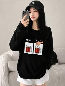 Women's Fashion Autumn/Winter Loose Minimalist Versatile Cartoon Print Long Sleeve T-Shirt - Black - View 2