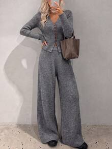 Women's Autumn/Winter Casual Korean Style Elegant Slim Fit V-Neck Cardigan And Pants 2-Piece Set - Grey - View 3