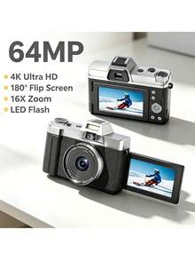 4K Vlogging Digital Camera, 64MP AF Autofocus Camera With 180° Flip Screen,16X Zoom & LED Fill Light, Compact Portable Digital Camera For Students Travel Selfie Video Recording - View 2