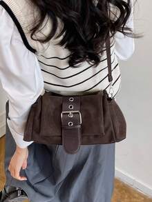 Women's Suede-Textured Shoulder Bag With Eyelet Buckle Decor, Detachable Wide Strap, Crossbody Wear, Multi-Pocket Storage, American Retro Style, Autumn/Winter Daily Commuter Vibe - Coffee - View 5
