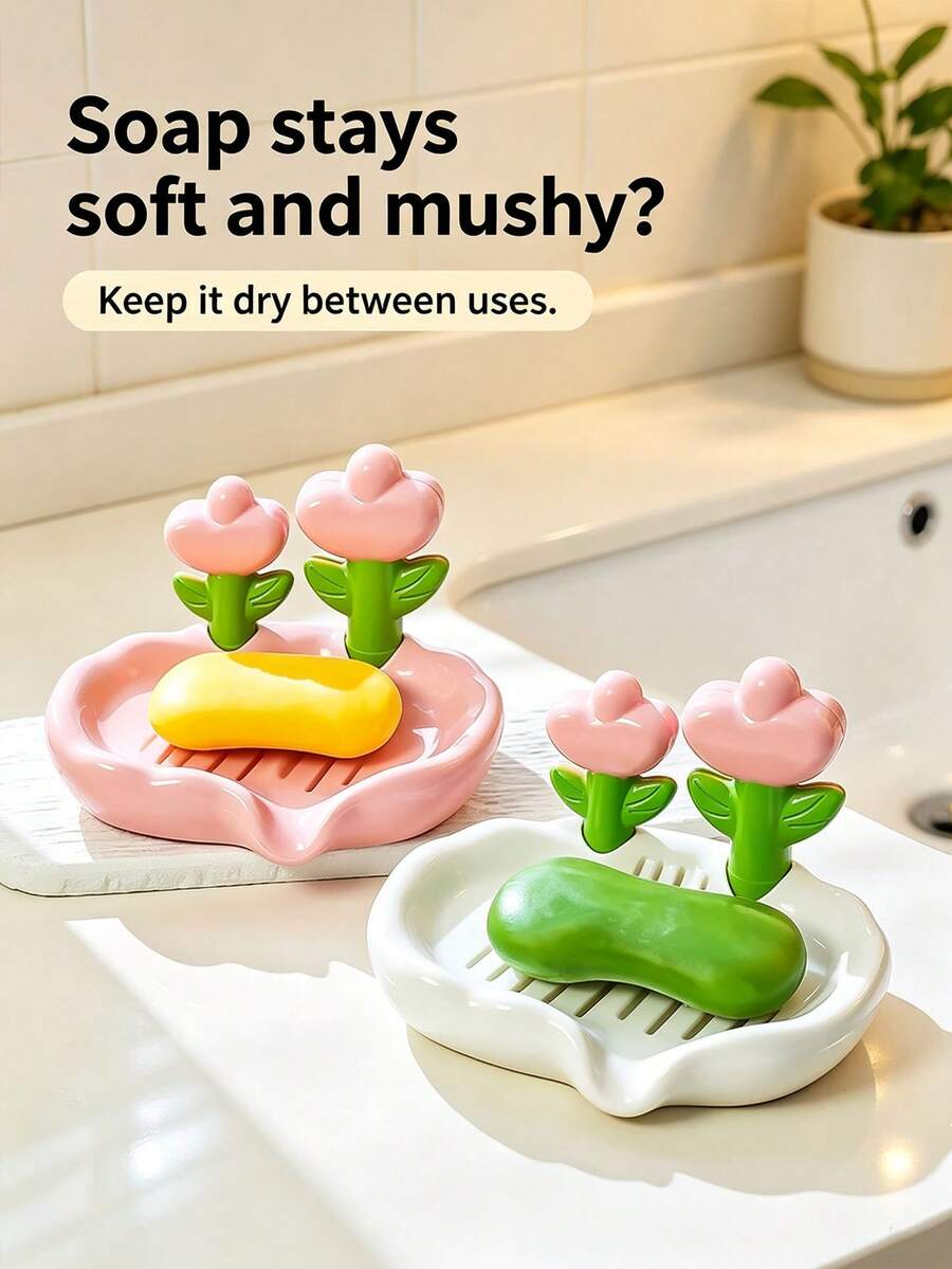 1pc Pink & White Floral Pattern Soap Dish, Flower-Shaped Soap Holder With Slanted Drainage Design, Bathroom Countertop Soap Storage Decor, Home Daily Use