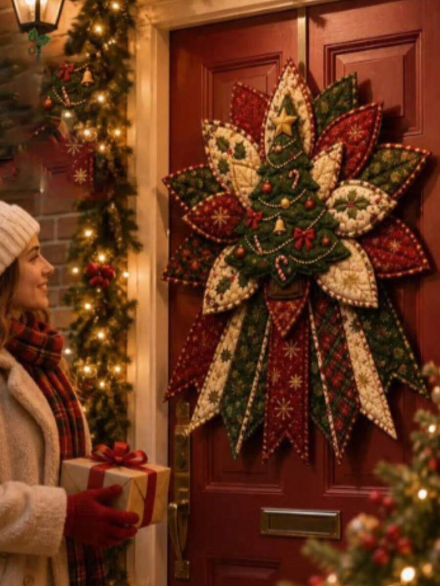 1 مجموعة طقم DIY إكليل عيد الميلاد المبطن بفيونكة، طقم خياطة معلق الباب المبطن بشخصية عيد الميلاد بحجم كبير جداً للمبتدئين، طقم ديكور معلق DIY بالرقعات للباب الأمامي وديكور الجدران - A - مشاهدة 1