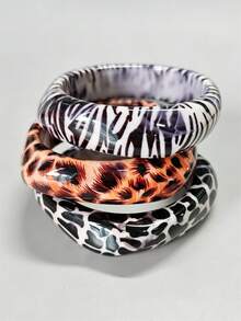 3pcs Set Fashionable Zebra Print Leopard Print Cow Print Resin Bracelet Set, Autumn/Winter Charming Women's Cuff Bangle, Asymmetrical Square Thick Bracelet - Multicolor - View 5