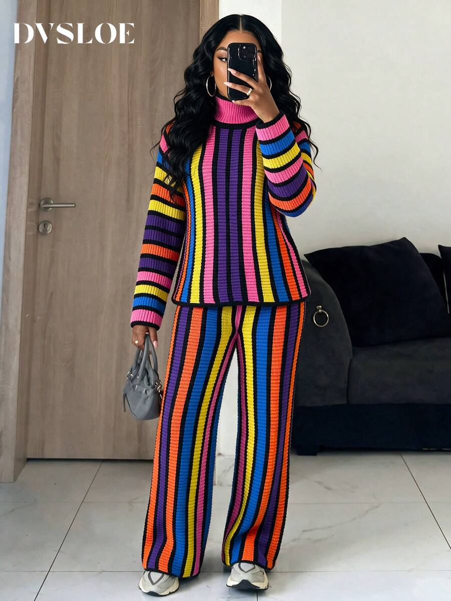DVSLOE Women Y2K Rainbow Striped Fall Winter 2 Pieces Outfit, Turtleneck Long Sleeve Knit Top & Flared Pants Matching Set For Daily, Going Out - Multicolor - View 1
