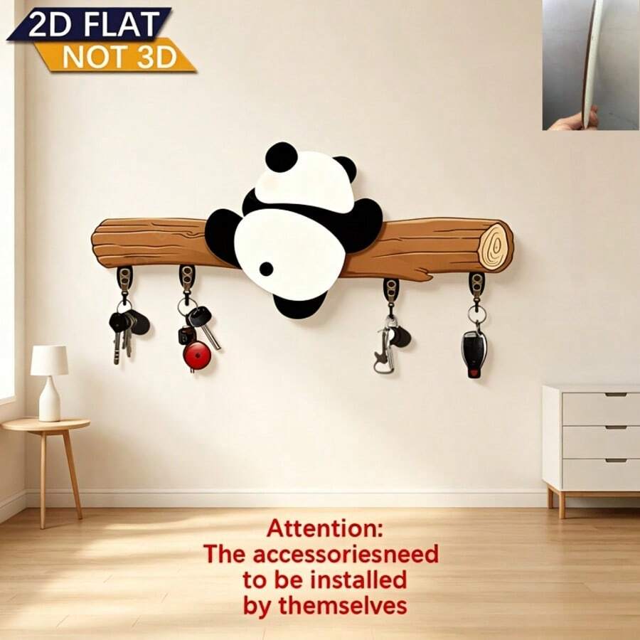 2D Flat, 2D Graphic Design, Modern Playful Panda Wooden Multi-Functional Key Hook, Wall Decor, Entryway Decor, Room Decor, Villa Decor, Seasonal Home Decor, Excellent Decorative Storage Gift - View 1
