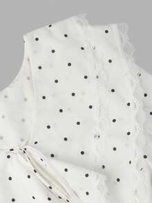 Fall Vintage White Polka Dot V Neck Tie Blouse, Elegant Lace Double Ruffle Bubble Long Sleeve Shirt For Fall Winter - Black and White - View 4