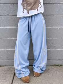 Krometka Men's Side Stripe & Star Print Wide Leg Sweatpants, Drawstring Elastic Waist Loose Straight Leg American Casual Sports Long Pants - Blue - View 3