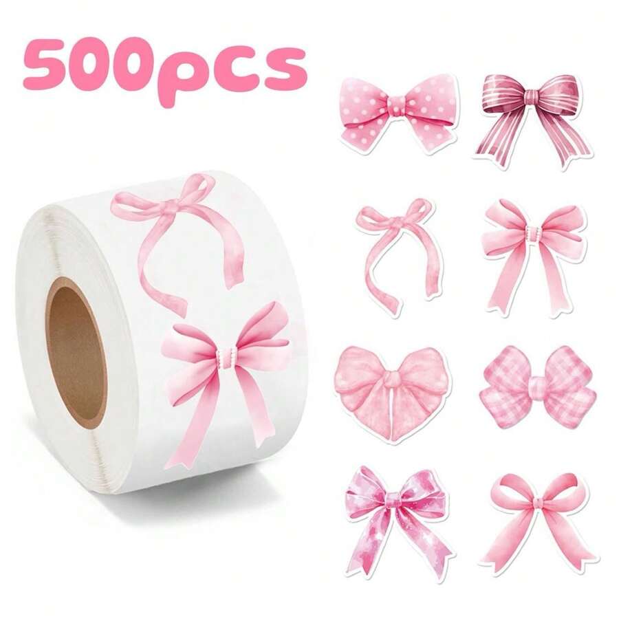 500pcs/Roll Pink Bow Sealing Stickers, Gift Box Blessing Stickers, Packaging Decoration Material - Multicolor - View 1