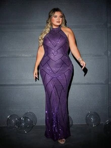 Gaun Malam Pesta Formal Ukuran Besar Warna Ungu dengan Leher Halter, Payet Motif Geometris dan Potongan Mermaid - Purple - View 4
