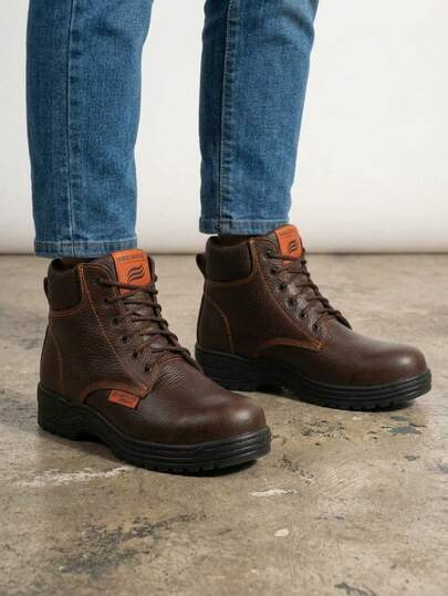 Botas de trabajo  industrial con detalles en naranja y protección duradera en la puntera.