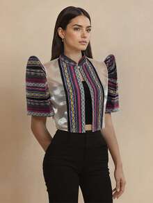 Modern Filipiniana Top 1pc Butterfly Sleeves Filipiniana Patchwork Button Patchwork Collar Women Short Sleeve Cardigan Blouse - Hot Pink - View 5