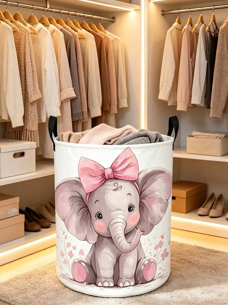 [Cute Elephant Basket] Cute Elephant Laundry Basket,Foldable Round Organizer Box With Sturdy Handle | Pink Bow & Butterfly, Soft Pastel Cartoon Design, Durable Storage Bin For Playroom, Spring Cleaning, Lightweight,For Room ,Bathroom - Multicolor - View 1