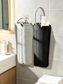 Two Standard-Sized Hanging Silicone Storage Bags, Featuring A Minimalist Solid Color Rectangular Shape With A Wavy Embossed Surface And Hook Details. Ideal For Storing Hair Styling Tools, Suitable For Dressing Tables, Bathrooms, And Everyday Home Use. - View 7