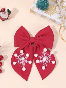 1pc Christmas Red Snowflake Embroidered Pom Pom Bow Hair Clip, Girls Winter Hair Accessory, Party & Daily Wear - Red - View 2