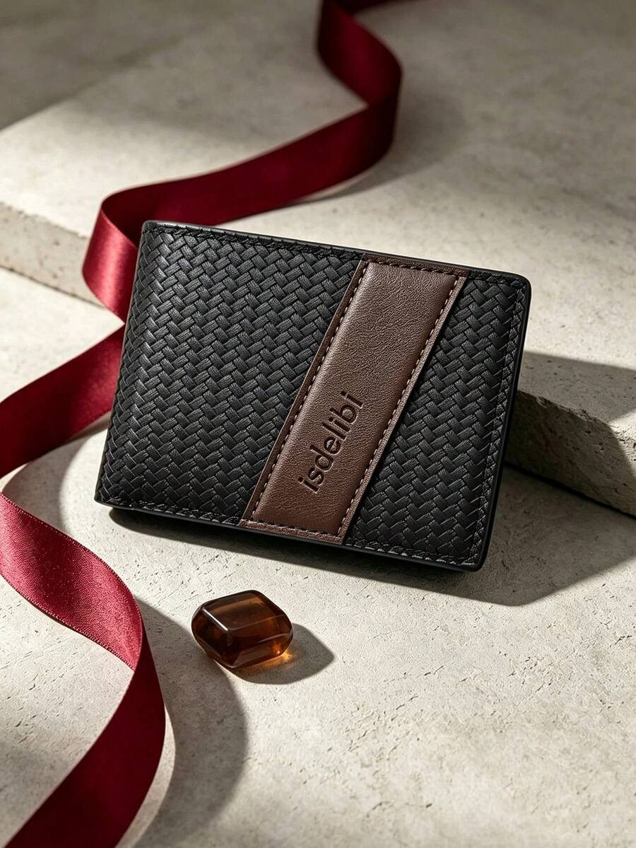 1pc Woven Contrast Color Short Bifold Wallet, Multi-Card Slot Large Capacity PU Leather Card Holder, Business Casual Portable Card Case, Birthday Gift, Father's Day Gift - Black - View 1