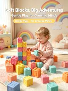 Soft Rubber Embossed Building Blocks, Flexible Touch, Printed With Letters And Fruit & Vegetable Patterns, Rich Colors. Home Stacking And Assembly, Cognitive Shapes And Numbers, Suitable For Halloween, Christmas, Thanksgiving And Back To School Gifts - Multicolor - View 2