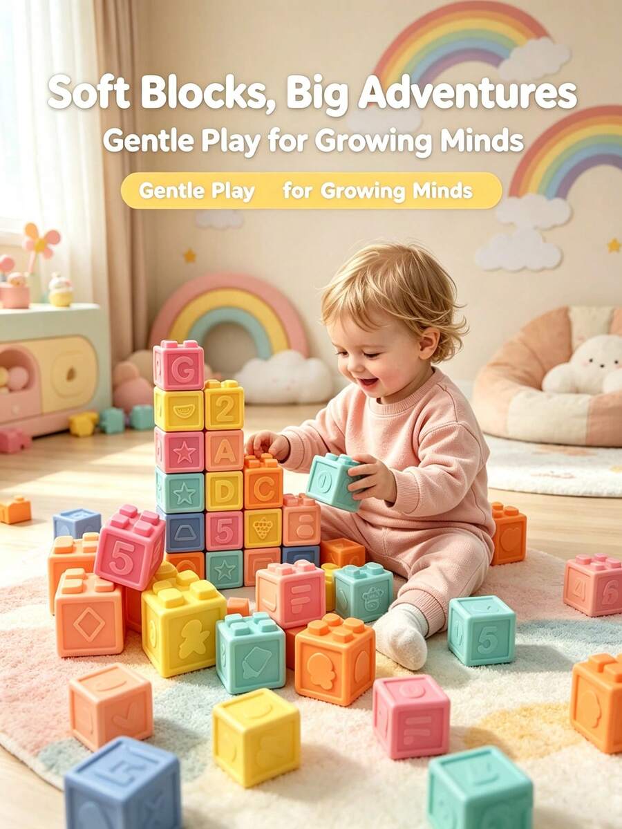 Soft Rubber Embossed Building Blocks, Flexible Touch, Printed With Letters And Fruit & Vegetable Patterns, Rich Colors. Home Stacking And Assembly, Cognitive Shapes And Numbers, Suitable For Halloween, Christmas, Thanksgiving And Back To School Gifts