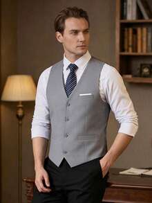 男士素色正式西裝背心，大口袋設計，商務婚禮派對西裝套裝，可搭配男士西裝 - 灰色 - 查看 9