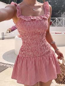 Women's Red Plaid Ruffle Strap Mini Dress, Pleated Decor Spaghetti Strap Flared Hem Sexy Cute Outing Outfit - Red - View 9